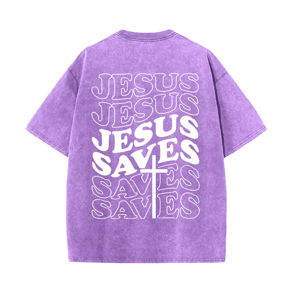 Christianartworkshop Jesus Saves Cross Grafik Unisex Washed T - Shirt - Lila - 5XL - image 6