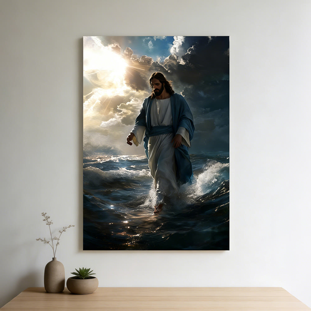 Christianartworkshop Jesus wandelt auf dem Wasser: Göttliche Ruhe und heilige Gewissheit – Wandbild - Gerahmtes Leinwandgemälde - 11,81''*15,75''0,71"/30*40*1,8cm - image 0
