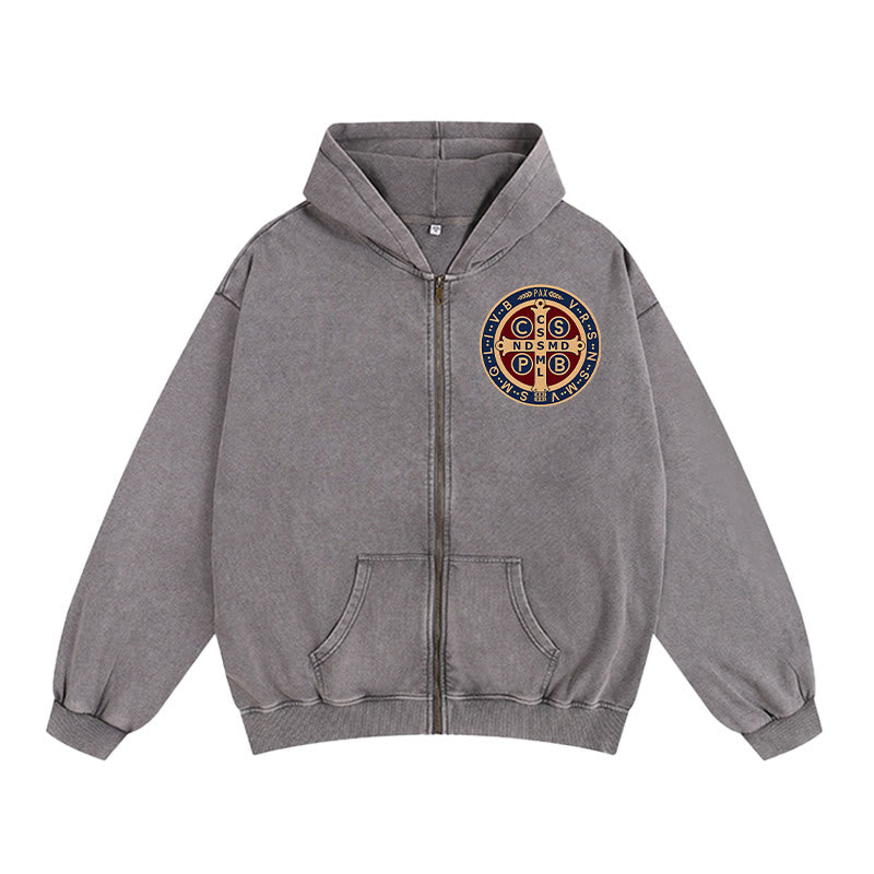 Christianartworkshop St. Benedikt Kreuz Kapuzenjacke mit Reißverschluss: Schutz des Glaubens für den Alltag - Grau - 2XL - image 0