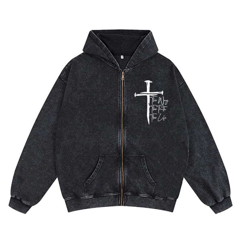 Christianartworkshop Faith Path Cross Zip-Up Hooded Jacket: The Way The Truth The Life in Casual Wear - Schwarz - 2XL - image 3