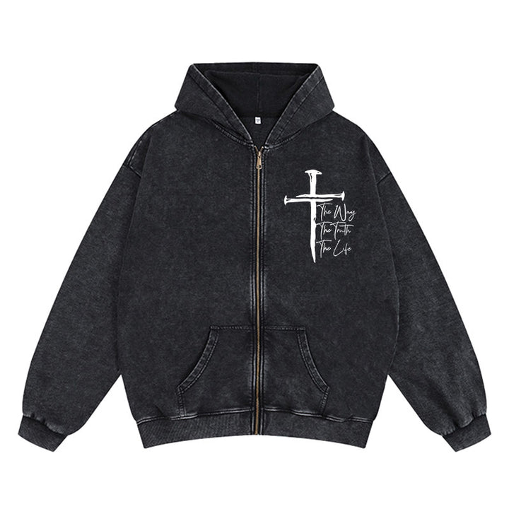 Christianartworkshop Faith Path Cross Zip-Up Hooded Jacket: The Way The Truth The Life in Casual Wear - Schwarz - 2XL - image 3