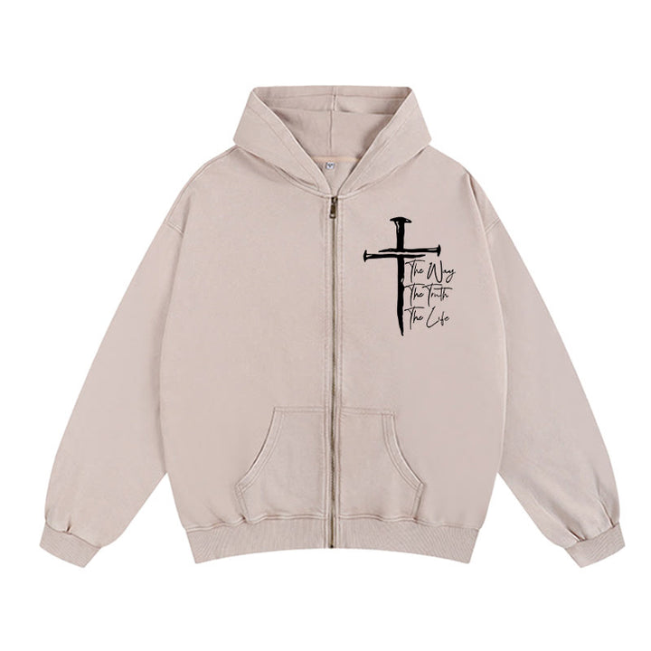 Christianartworkshop Faith Path Cross Zip-Up Hooded Jacket: The Way The Truth The Life in Casual Wear - Aprikose - 2XL - image 0