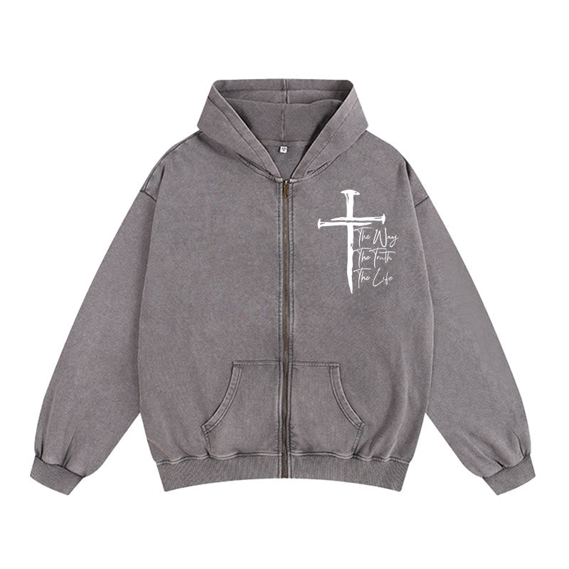 Christianartworkshop Faith Path Cross Zip-Up Hooded Jacket: The Way The Truth The Life in Casual Wear - Grau - 2XL - image 10