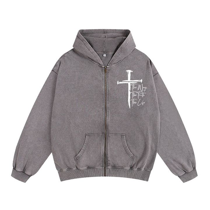 Christianartworkshop Faith Path Cross Zip-Up Hooded Jacket: The Way The Truth The Life in Casual Wear - Grau - 2XL - image 10