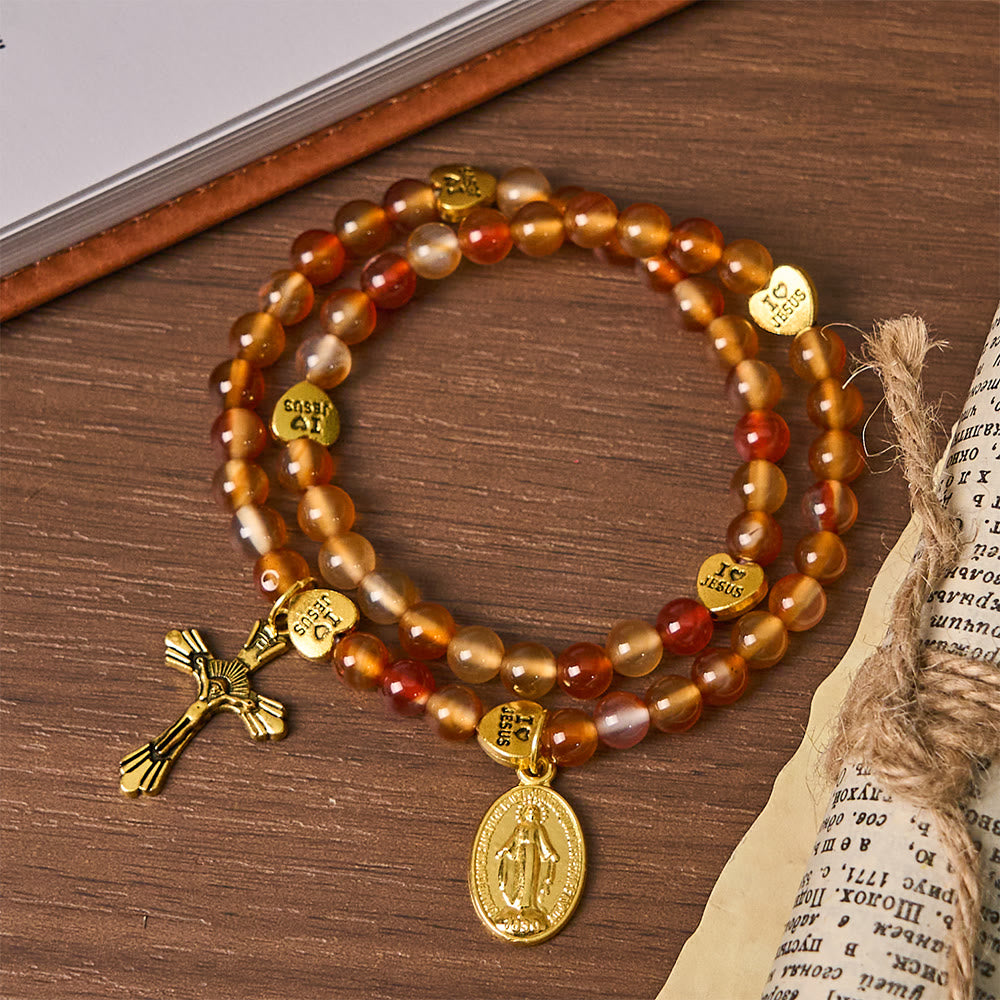 Christianartworkshop Rosenkranzarmband in warmem Karamell mit JESUS-Akzent und Anhänger der Muttergottes - image 5