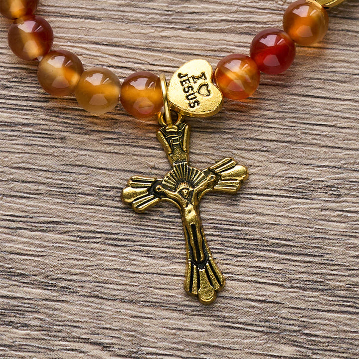 Christianartworkshop Rosenkranzarmband in warmem Karamell mit JESUS-Akzent und Anhänger der Muttergottes - image 8