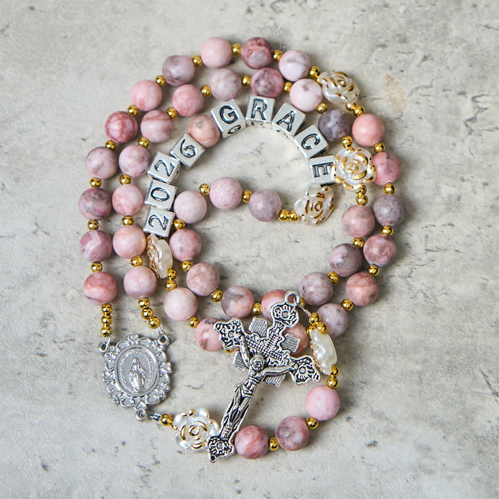 Christianartworkshop Rosenkranz „Rosa Zebra Jasper“ für das neue Jahr 2026: Personalisierter Name und Glaube - Rosenkranz für das neue Jahr 2026 - image 4
