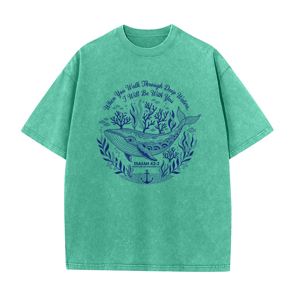 Christianartworkshop Jesaja 43:2 Wal-Ozean-Grafik Unisex-T-Shirt (vorgewaschen) - Grün - 5XL - image 1