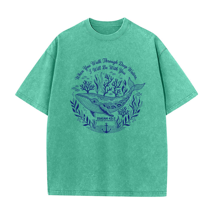 Christianartworkshop Jesaja 43:2 Wal-Ozean-Grafik Unisex-T-Shirt (vorgewaschen) - Grün - 5XL - image 1