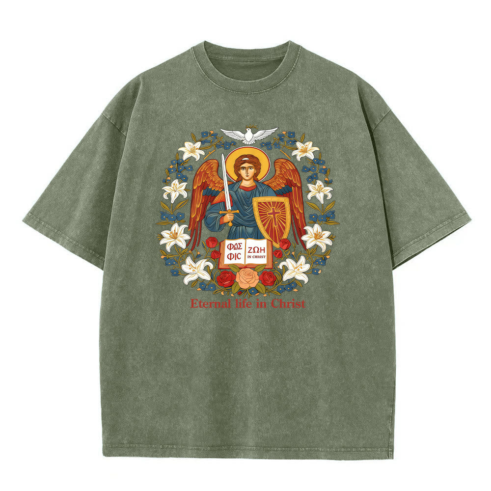 Christianartworkshop Ewiges Leben in Christus Engel Grafik Unisex gewaschenes T-Shirt - Armeegrün - 5XL - image 3