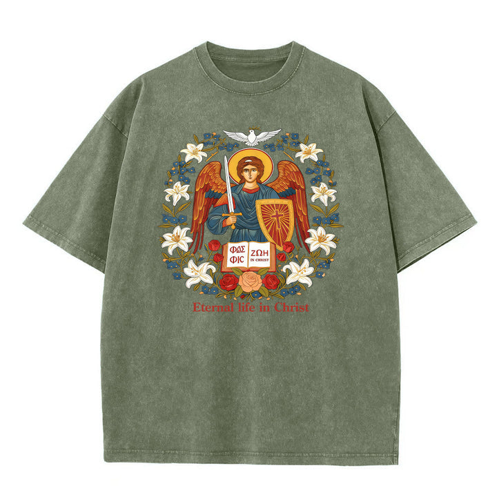 Christianartworkshop Ewiges Leben in Christus Engel Grafik Unisex gewaschenes T-Shirt - Armeegrün - 5XL - image 3