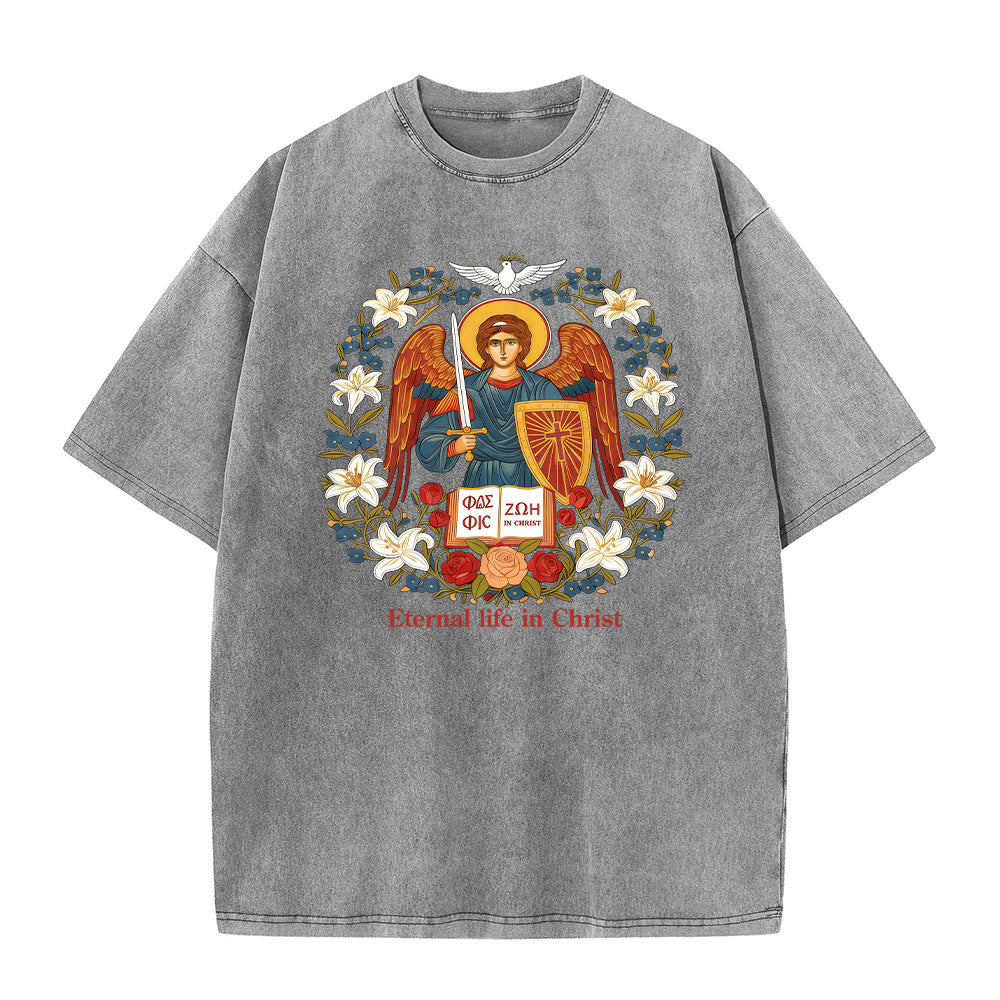 Christianartworkshop Ewiges Leben in Christus Engel Grafik Unisex gewaschenes T-Shirt - Grau - 5XL - image 7