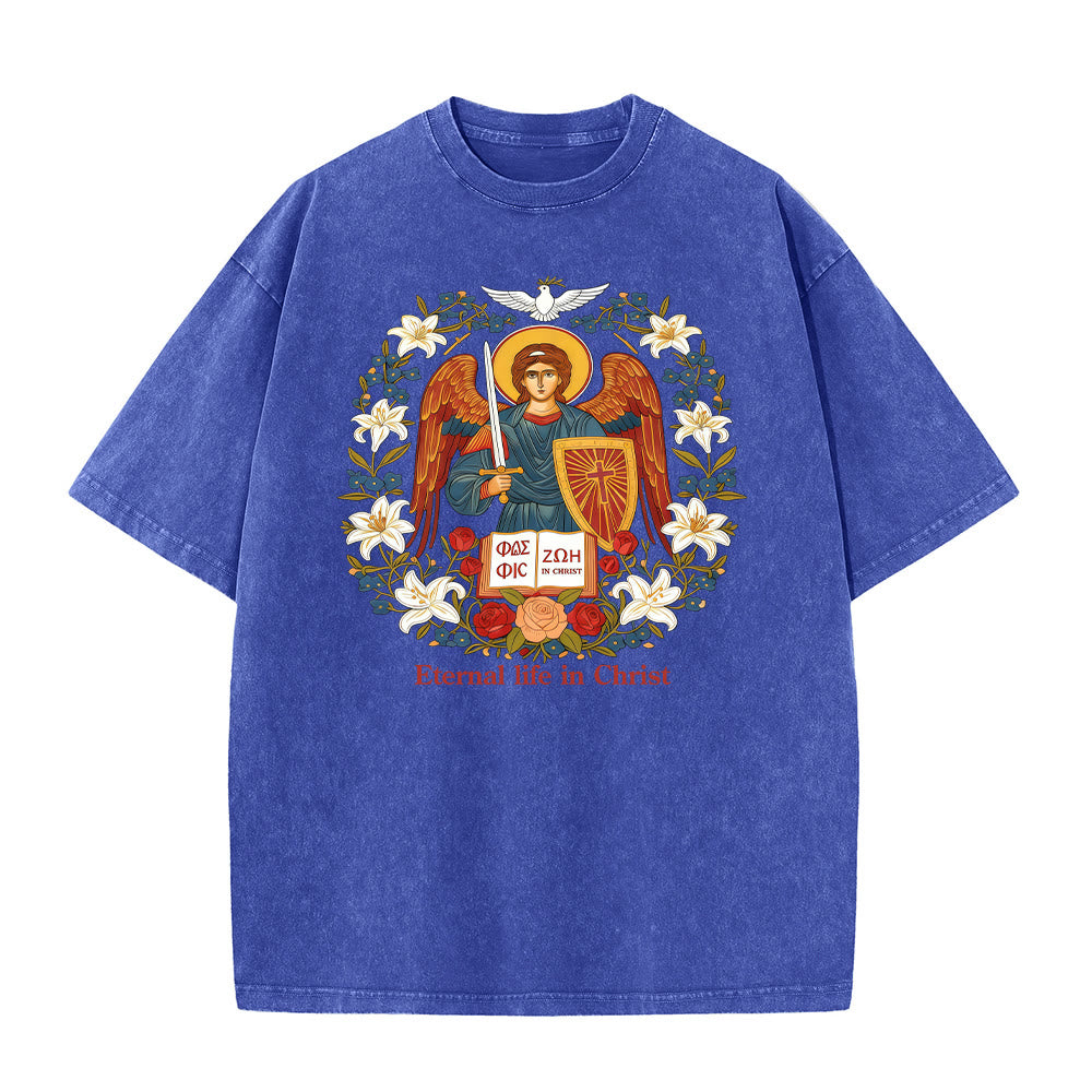 Christianartworkshop Ewiges Leben in Christus Engel Grafik Unisex gewaschenes T-Shirt - Blau - 5XL - image 0