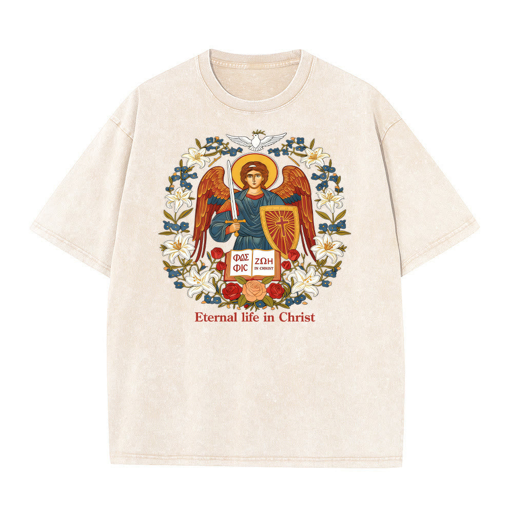 Christianartworkshop Ewiges Leben in Christus Engel Grafik Unisex gewaschenes T-Shirt - Beige - 5XL - image 6
