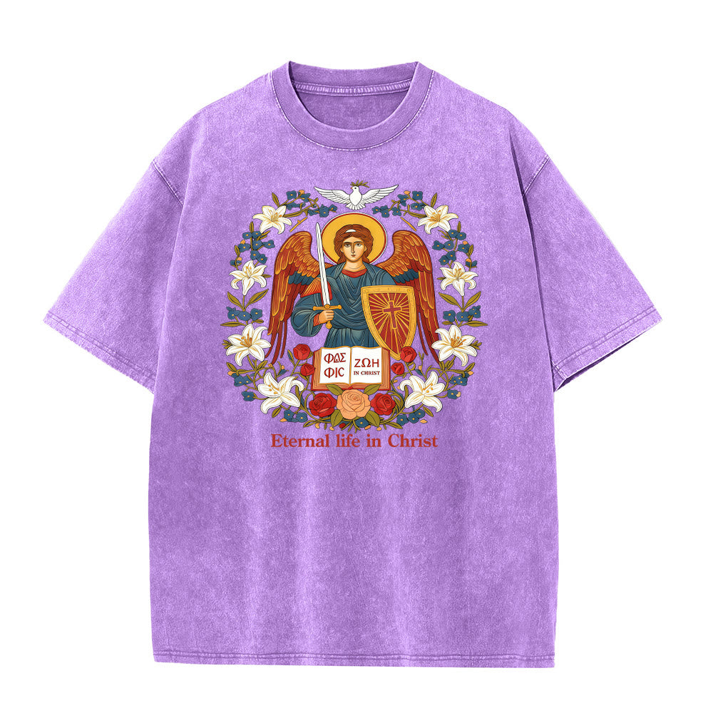 Christianartworkshop Ewiges Leben in Christus Engel Grafik Unisex gewaschenes T-Shirt - Lila - 5XL - image 4
