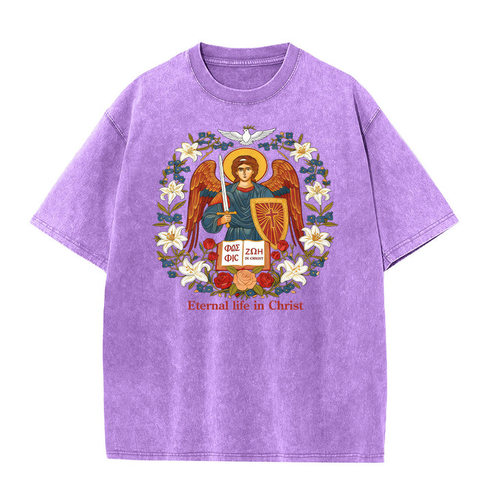 Christianartworkshop Ewiges Leben in Christus Engel Grafik Unisex gewaschenes T-Shirt - Lila - 5XL - image 4