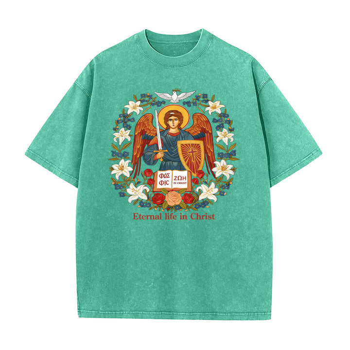 Christianartworkshop Ewiges Leben in Christus Engel Grafik Unisex gewaschenes T-Shirt - Grün - 5XL - image 2