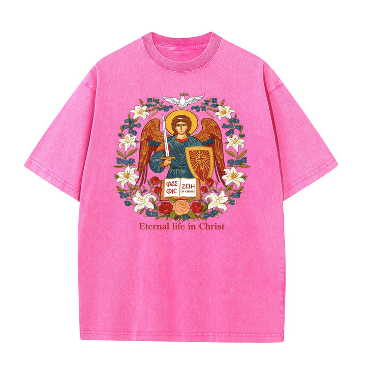 Christianartworkshop Ewiges Leben in Christus Engel Grafik Unisex gewaschenes T-Shirt - Rosa - 5XL - image 1