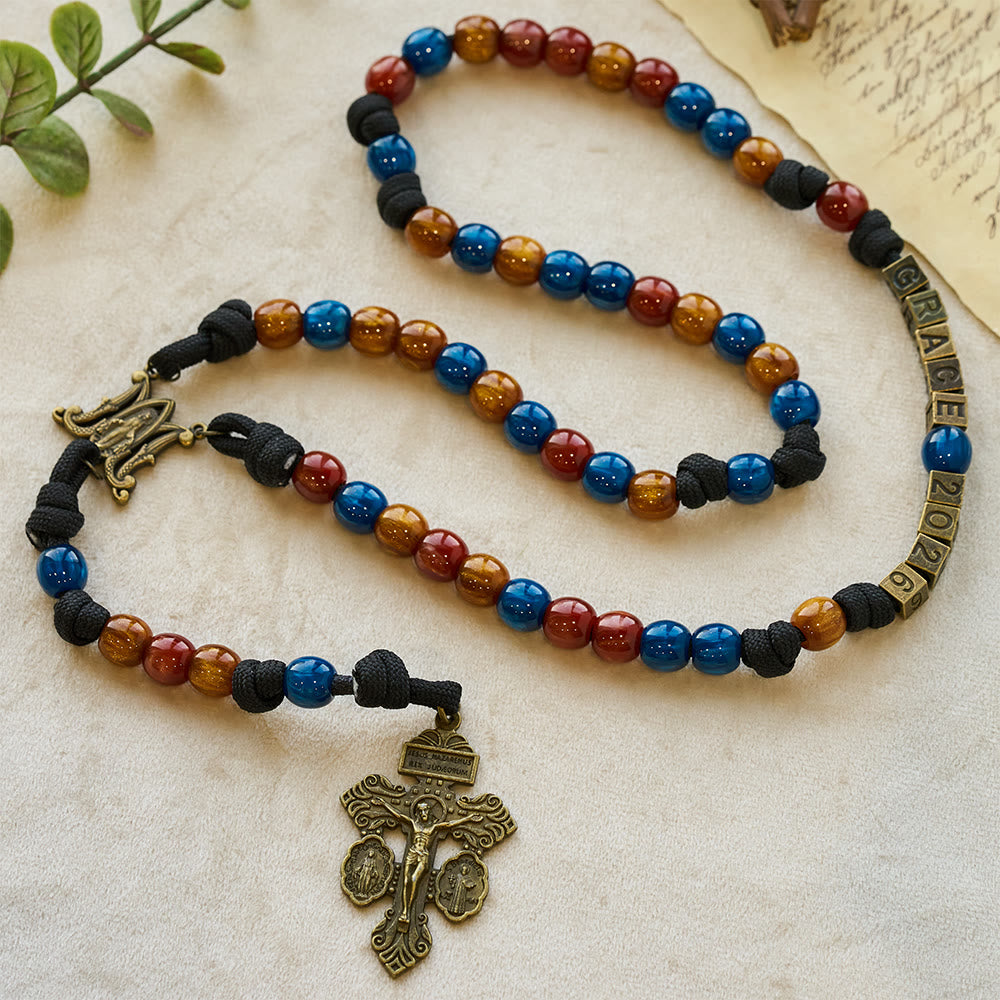 Christianartworkshop Farbenfroher Rosenkranz für das neue Jahr 2026: Personalisiertes Kreuz mit Namen und Schutzpatron - image 3