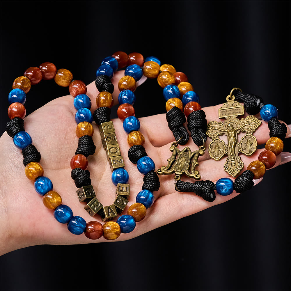 Christianartworkshop Farbenfroher Rosenkranz für das neue Jahr 2026: Personalisiertes Kreuz mit Namen und Schutzpatron - image 1