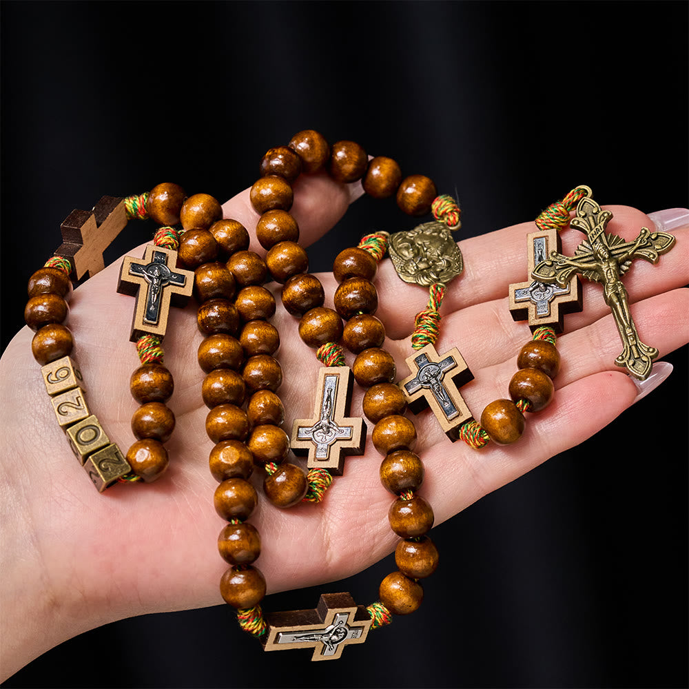 Christianartworkshop Rosenkranz aus Holz für das neue Jahr 2026: Buntes Design aus Baumwollkordel - image 1
