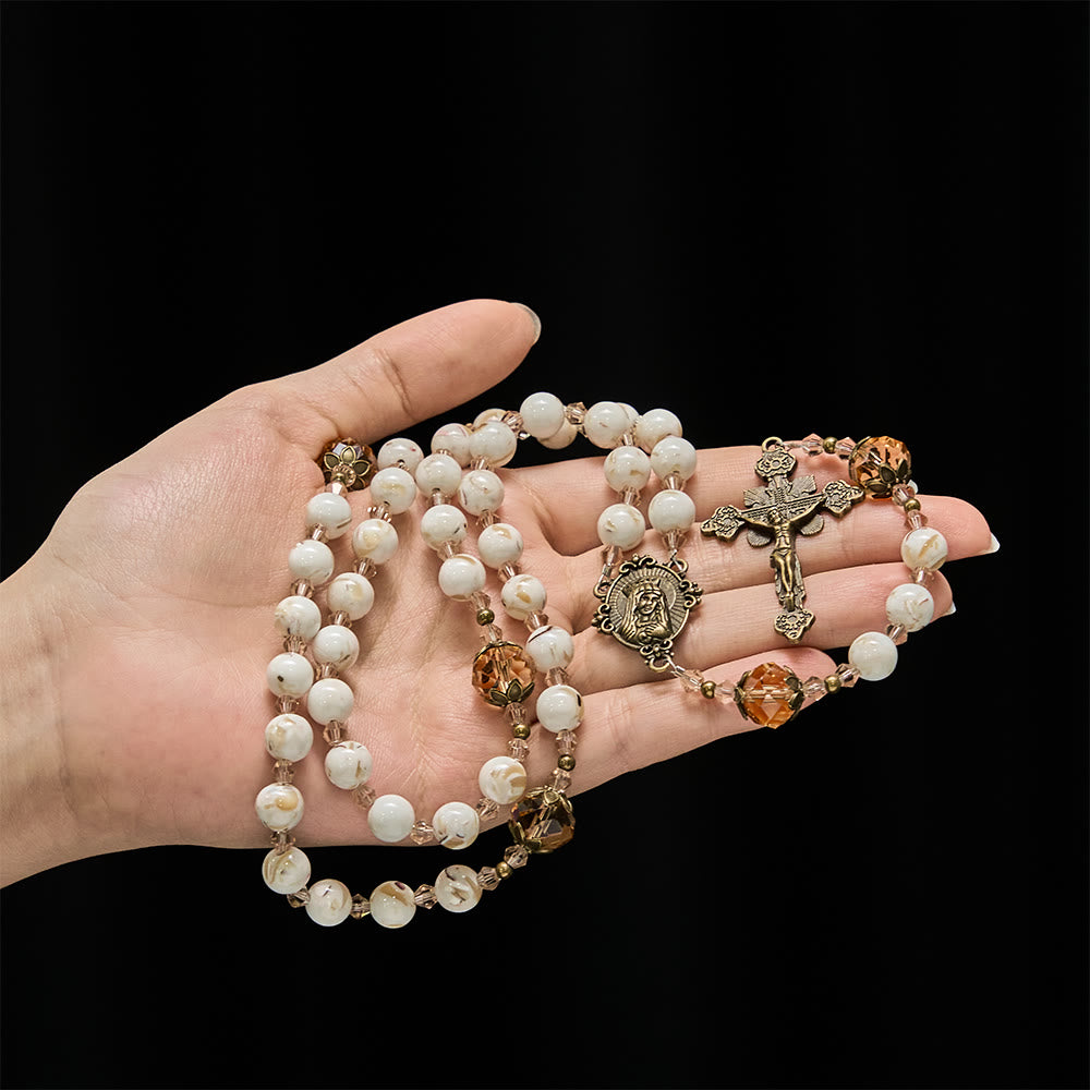 Christianartworkshop Rosenkranz aus weißem Muschelweiß mit türkisfarbenen und champagnerfarbenen Akzenten: Bewahre seinen Frieden in deiner Nähe - image 1