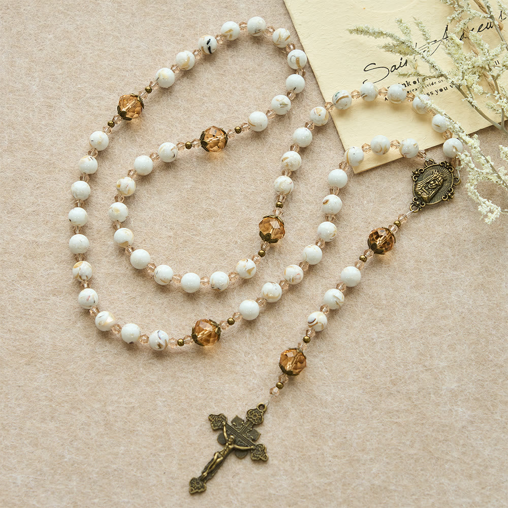 Christianartworkshop Rosenkranz aus weißem Muschelweiß mit türkisfarbenen und champagnerfarbenen Akzenten: Bewahre seinen Frieden in deiner Nähe - image 4