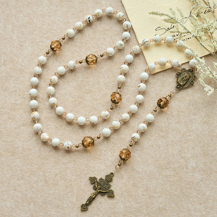 Christianartworkshop Rosenkranz aus weißem Muschelweiß mit türkisfarbenen und champagnerfarbenen Akzenten: Bewahre seinen Frieden in deiner Nähe - image 4