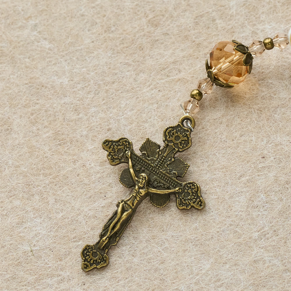 Christianartworkshop Rosenkranz aus weißem Muschelweiß mit türkisfarbenen und champagnerfarbenen Akzenten: Bewahre seinen Frieden in deiner Nähe - image 8