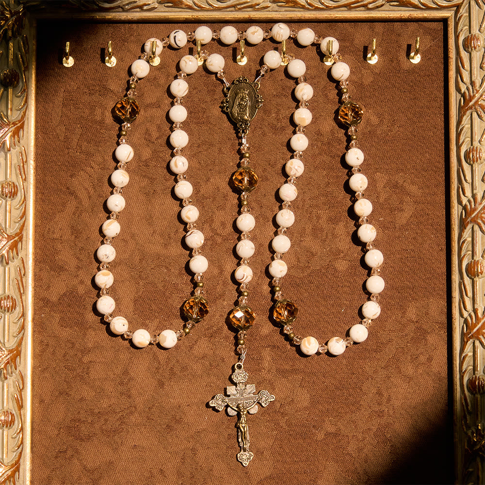 Christianartworkshop Rosenkranz aus weißem Muschelweiß mit türkisfarbenen und champagnerfarbenen Akzenten: Bewahre seinen Frieden in deiner Nähe - image 2