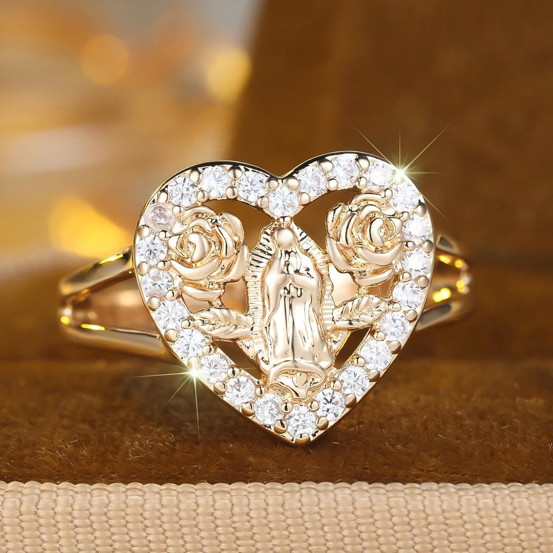 Christianartworkshop Herzförmiger Ring mit Marienmotiv und Rosenakzenten: Tragen Sie ihre Fürsorge im Alltag - US 10 - image 0