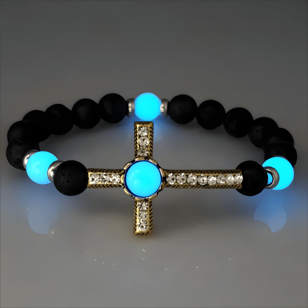 Armband aus Vulkangestein mit im Dunkeln leuchtendem Kreuz von Christianartworkshop: Verkörpere seine strahlende Gnade - Blau & Gold - image 5