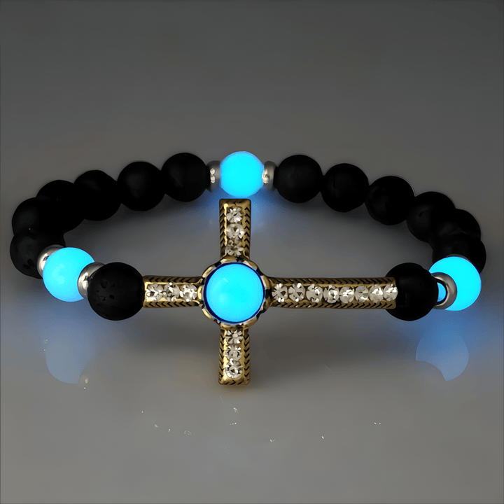Armband aus Vulkangestein mit im Dunkeln leuchtendem Kreuz von Christianartworkshop: Verkörpere seine strahlende Gnade - Blau & Gold - image 5