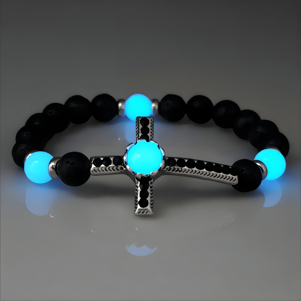 Armband aus Vulkangestein mit im Dunkeln leuchtendem Kreuz von Christianartworkshop: Verkörpere seine strahlende Gnade - Schwarz & Blau - image 2