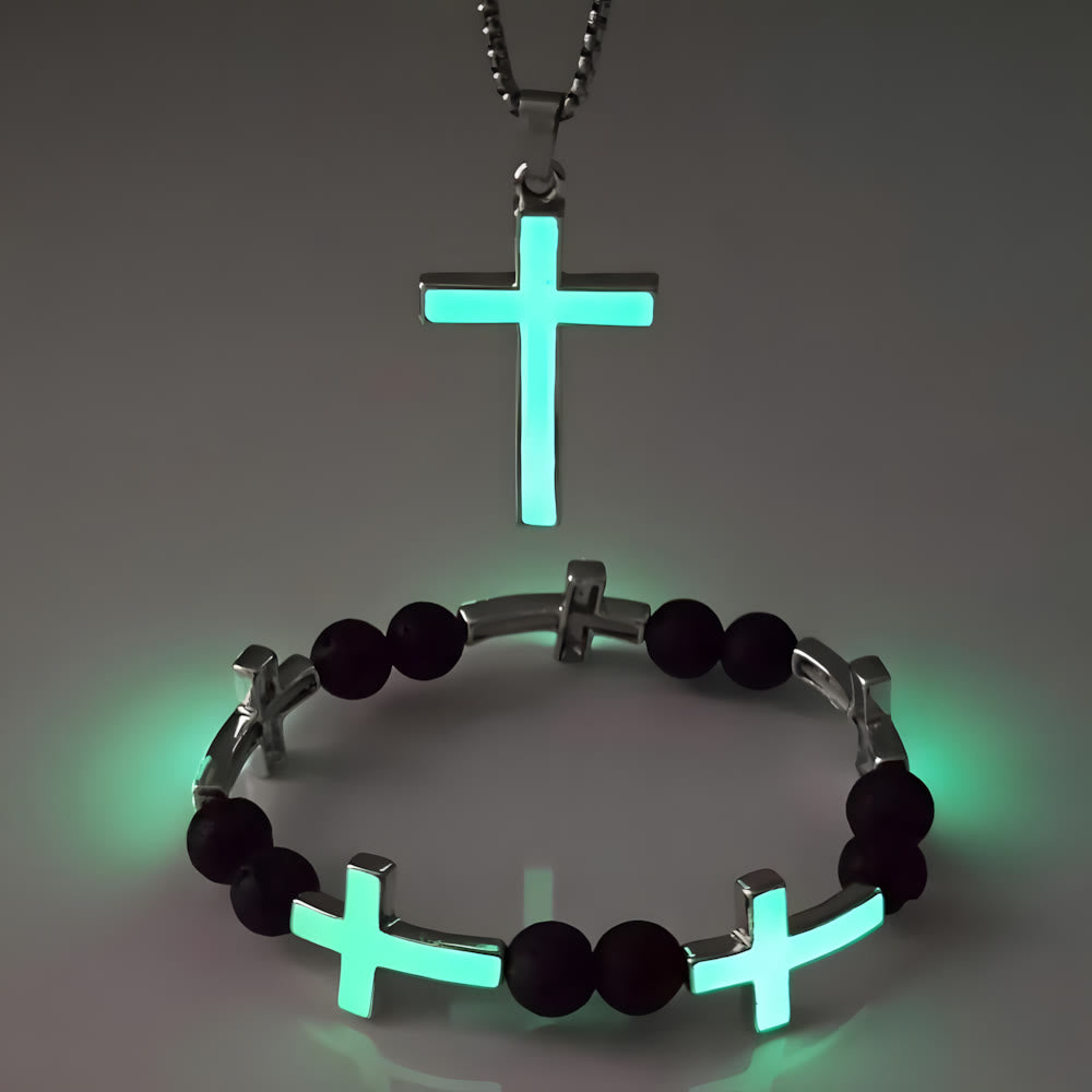 Christianartworkshop Leuchtendes Kreuz-Halsketten- und Perlenarmband-Set: Erinnert an sein stilles Licht - Grünes 2er-Set - image 0