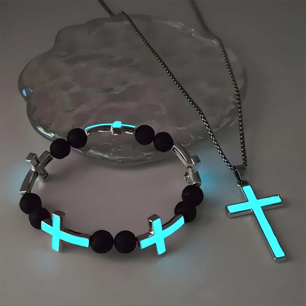 Christianartworkshop Leuchtendes Kreuz-Halsketten- und Perlenarmband-Set: Erinnert an sein stilles Licht - Cyanblaues 2er-Set - image 3