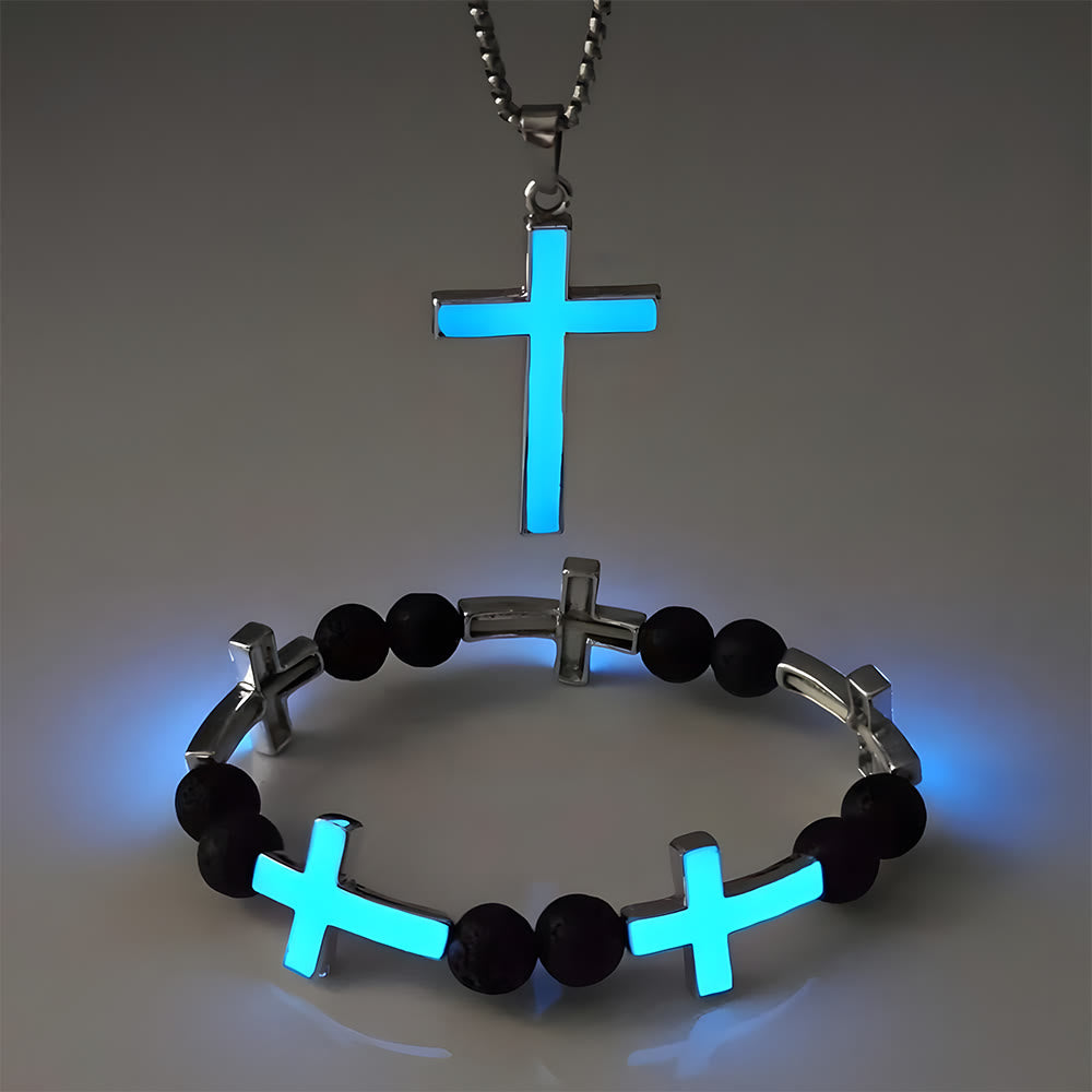 Christianartworkshop Leuchtendes Kreuz-Halsketten- und Perlenarmband-Set: Erinnert an sein stilles Licht - Blaues 2er-Set - image 5