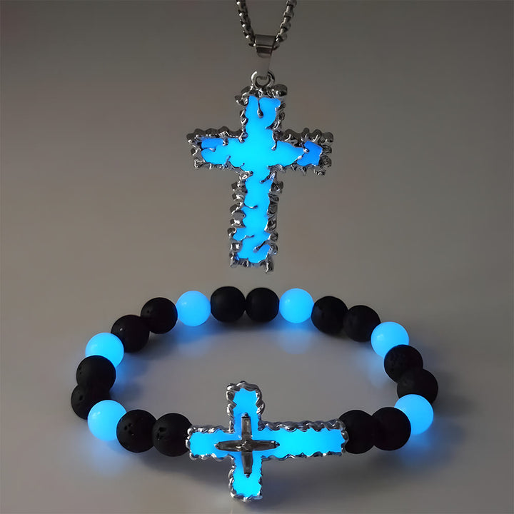 Christianartworkshop Dreifarbige Leuchtkreuz-Halskette & Perlenarmband-Set: Erinnert an sein stilles Licht - Grünes 2er-Set - image 4