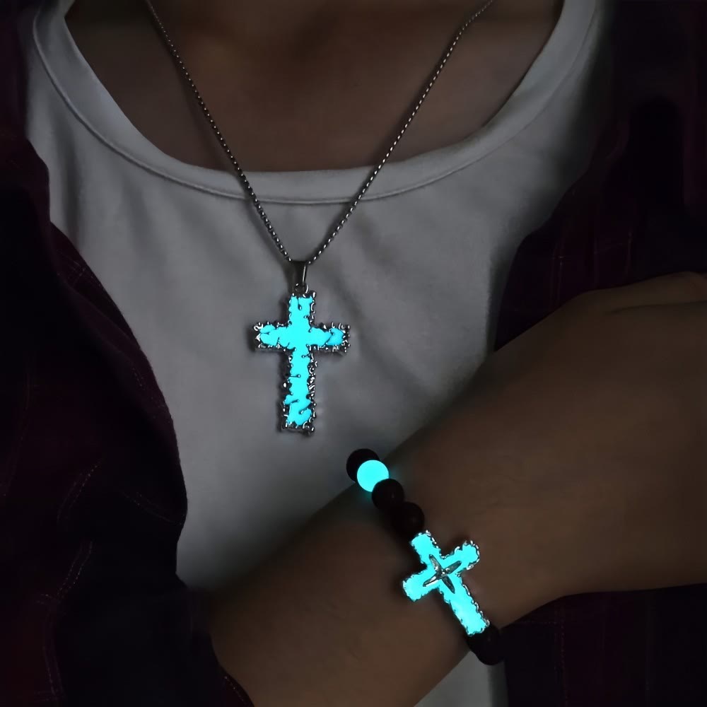 Christianartworkshop Dreifarbige Leuchtkreuz-Halskette & Perlenarmband-Set: Erinnert an sein stilles Licht - image 1