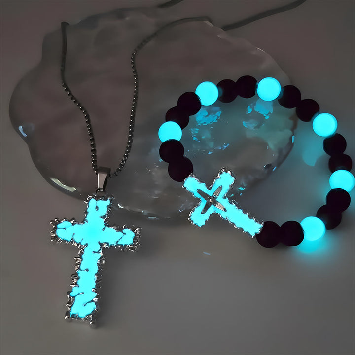 Christianartworkshop Dreifarbige Leuchtkreuz-Halskette & Perlenarmband-Set: Erinnert an sein stilles Licht - Hellblaues 2er-Set - image 0