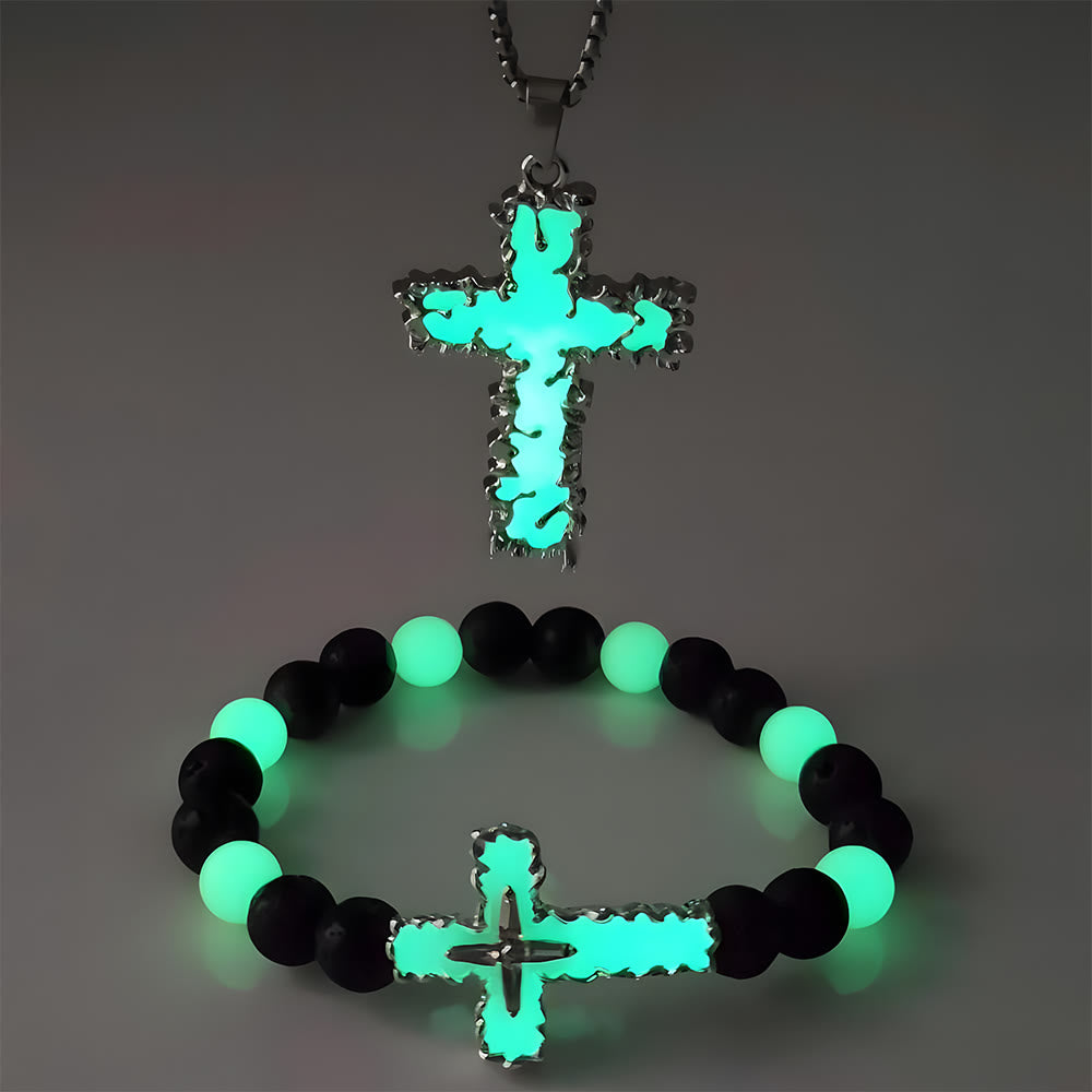 Christianartworkshop Dreifarbige Leuchtkreuz-Halskette & Perlenarmband-Set: Erinnert an sein stilles Licht - Blaues 2er-Set - image 7