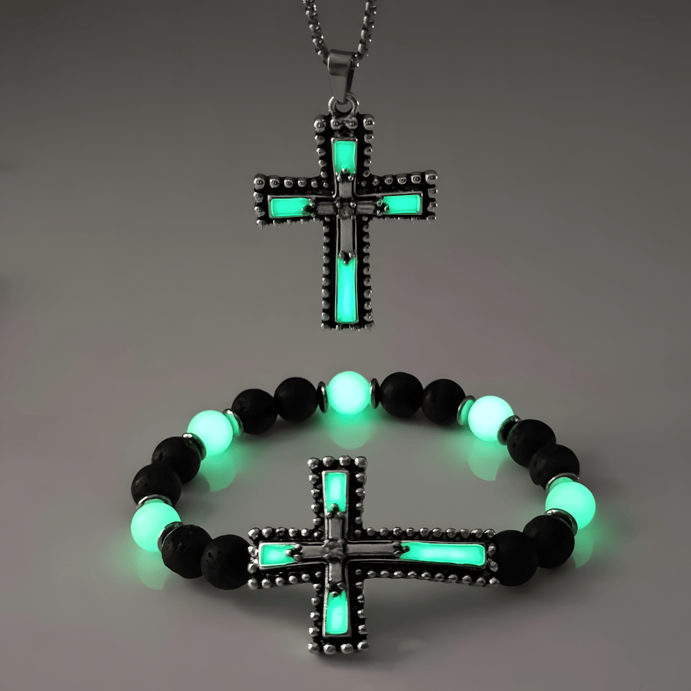 Christianartworkshop Leuchtendes Kreuz-Schmuckset mit Vulkanstein: Halte Seine Gnade auch nach Einbruch der Dunkelheit nah bei dir. - Grünes 2er-Set - image 3