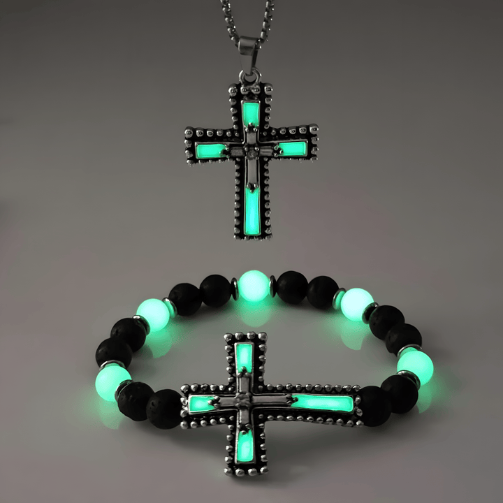 Christianartworkshop Leuchtendes Kreuz-Schmuckset mit Vulkanstein: Halte Seine Gnade auch nach Einbruch der Dunkelheit nah bei dir. - Grünes 2er-Set - image 3