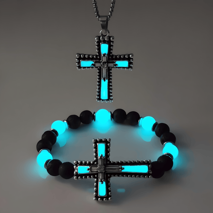 Christianartworkshop Leuchtendes Kreuz-Schmuckset mit Vulkanstein: Halte Seine Gnade auch nach Einbruch der Dunkelheit nah bei dir. - Hellblaues 2er-Set - image 7