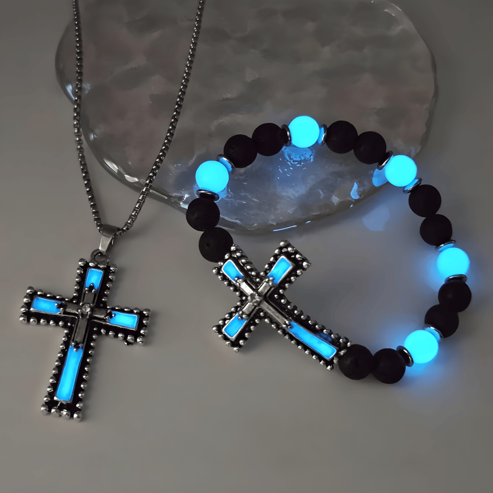 Christianartworkshop Leuchtendes Kreuz-Schmuckset mit Vulkanstein: Halte Seine Gnade auch nach Einbruch der Dunkelheit nah bei dir. - Blaues 2er-Set - image 0