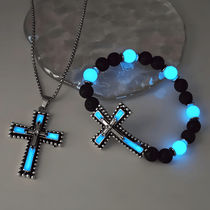 Christianartworkshop Leuchtendes Kreuz-Schmuckset mit Vulkanstein: Halte Seine Gnade auch nach Einbruch der Dunkelheit nah bei dir. - Blaues 2er-Set - image 0