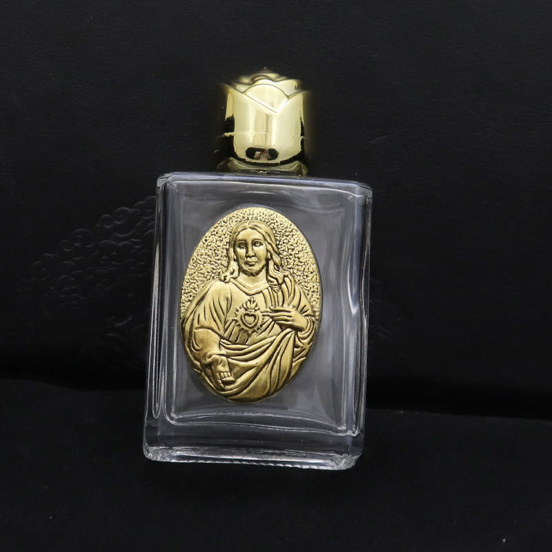 Christianartworkshop Weihwasserflasche mit geprägter heiliger Ikone: Trage seine Fürsorge in spirituellen Momenten bei dir. - Quadratische Flasche - Heiligstes Herz Jesu - Golden - image 4