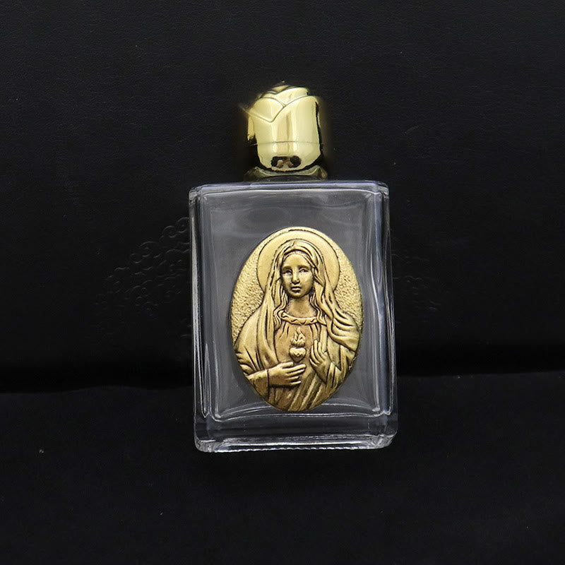 Christianartworkshop Weihwasserflasche mit geprägter heiliger Ikone: Trage seine Fürsorge in spirituellen Momenten bei dir. - Quadratische Flasche - Heiligstes Herz Mariä - Golden - image 2