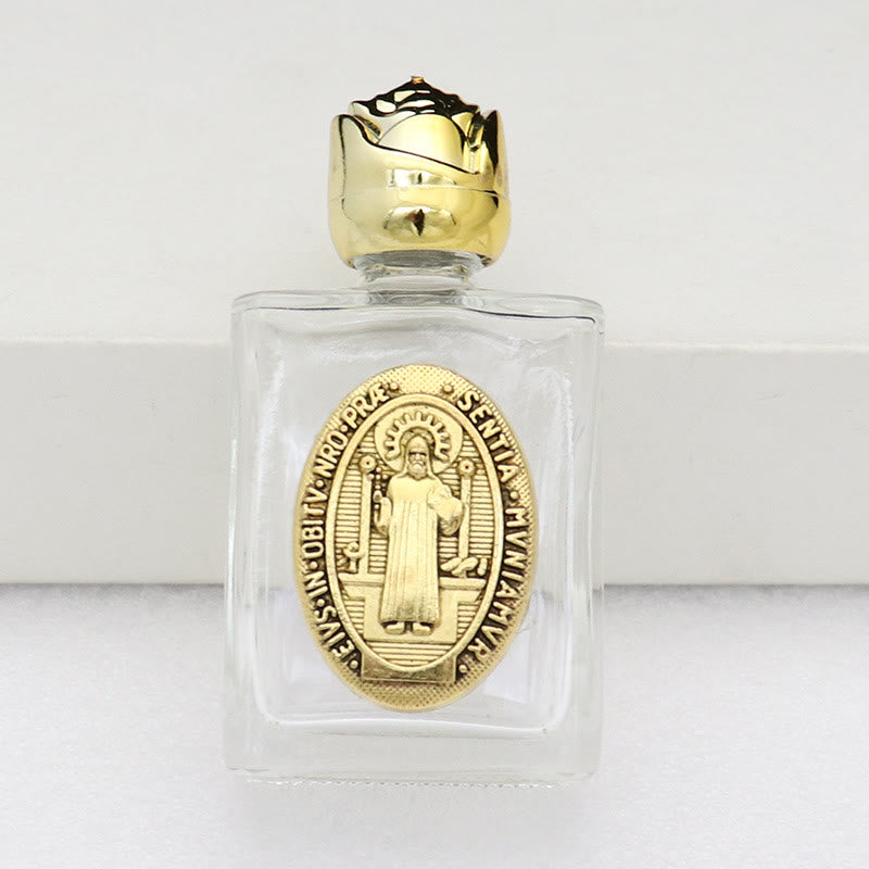 Christianartworkshop Weihwasserflasche mit geprägter heiliger Ikone: Trage seine Fürsorge in spirituellen Momenten bei dir. - Quadratische Flasche - Der heilige Benedikt - Golden - image 9