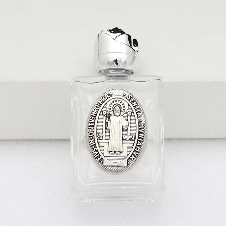 Christianartworkshop Weihwasserflasche mit geprägter heiliger Ikone: Trage seine Fürsorge in spirituellen Momenten bei dir. - Quadratische Flasche - Der heilige Benedikt - Silber - image 22
